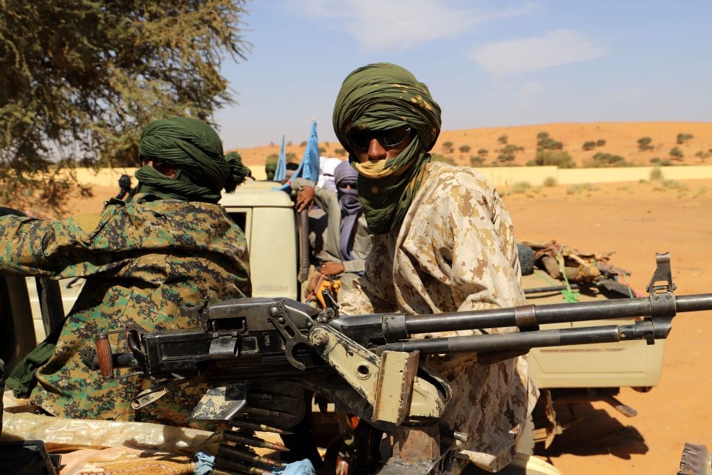 Gatia and Mouvement de Salut de lAzawad militants patrol in Mali November 2020
