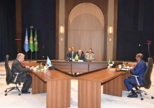 African Union Arab League and United Nations chiefs meet on the sidelines of the Arab summit in Baghdad on May 16 2025 610x427 1